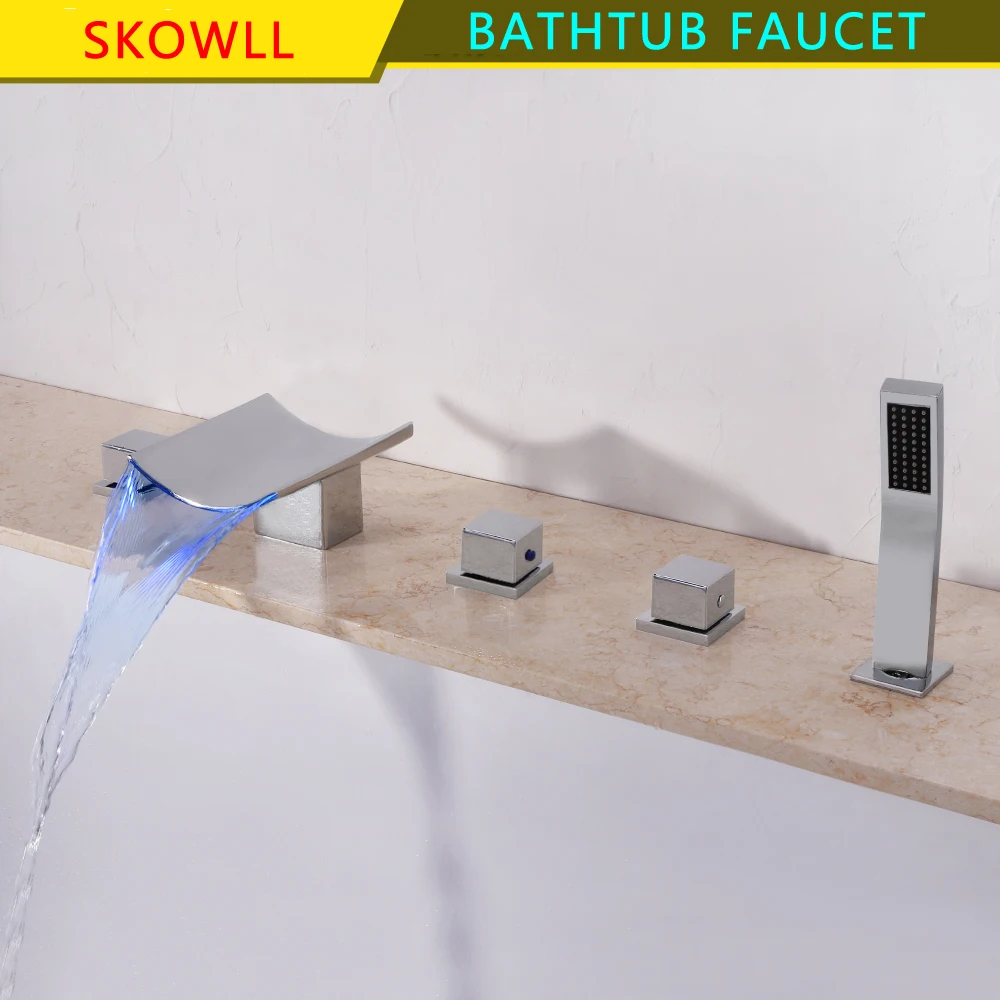 

SKOWLL Bathroom Bathtub Faucet LED Waterfall Widespread Bathtub Shower Set with Shower Head Deck Mounted Mixer Tub Taps HG-9119