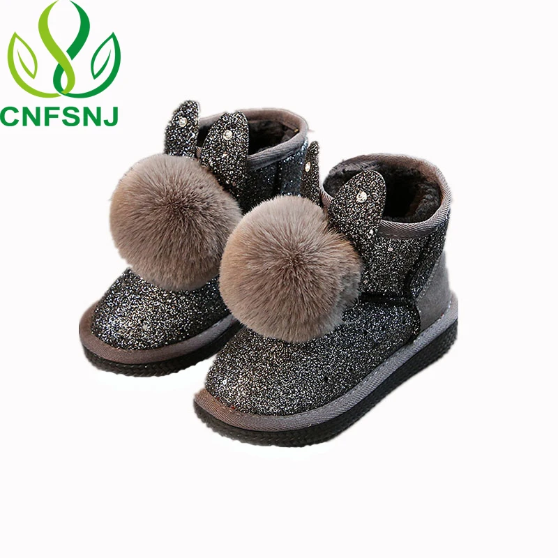 CNFSNJ 2020 New Winter Children Sequined Girls Plush Snow Boots Boys Casual Cotton Padded Shoes Warm Sneakers Rabbit Hair Ball