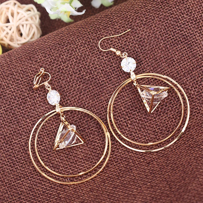 JIOFREE Simple Style Fashion Gold Color Zircon Clip on Earrings for Women Round Geometric Earrings 2018 Female Jewelry