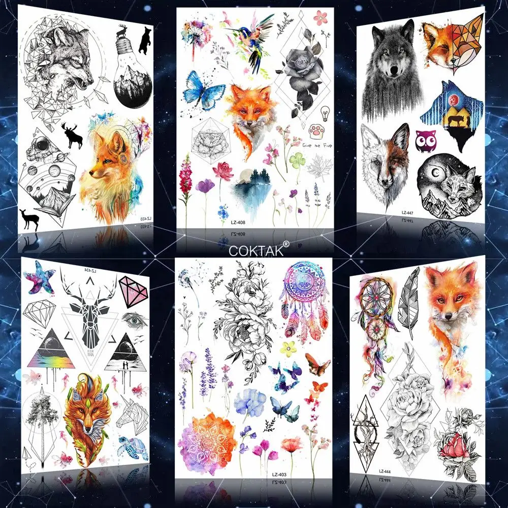 Women Fashion Flash Fox Custom Dreamcatcher Temporary Tattoos Stickers Black Arm Flora Tattoo Girls Makeup Water Transfer Tatoos