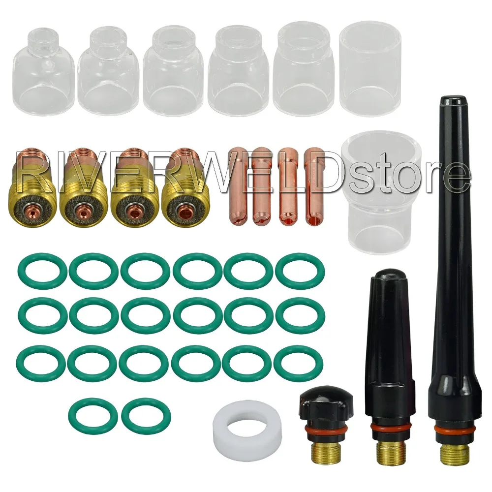 TIG Stubby Gas Lens Collet Body & #4#5#6#7#8#10#12 Pyrex Cup Kit For DB SR WP 17 18 26 TIG Welding Torch 39pcs