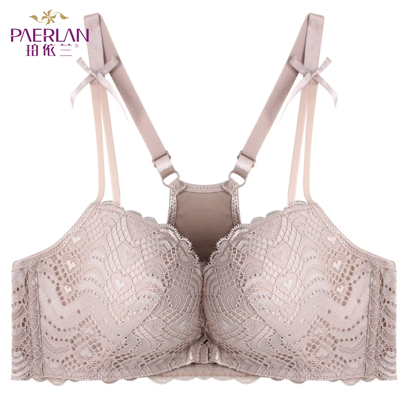 PAERLAN Wire Free  Front Closure Push Up Women Bra 5/8 Cup Bow Floral Lace Small chest sexy back vest type Seamless underwear