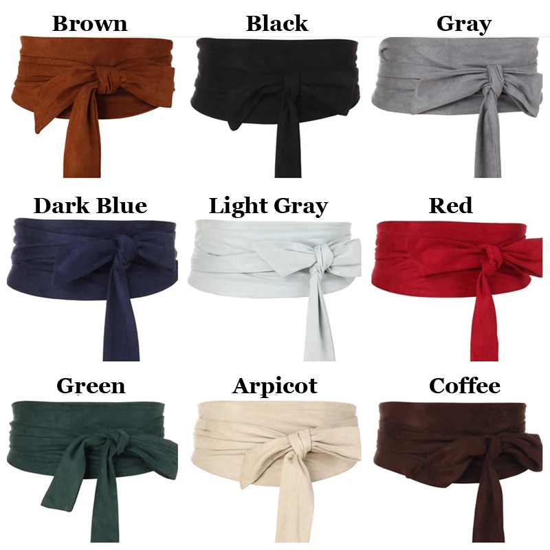 Aecibzo 9 Colors Suede Waist Belts Wide Corset Cinch Dress Belts Cummerbunds Bowknot Self Tie Wrap Around Obi Waist Band