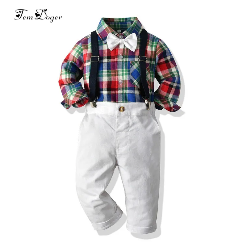 

Tem Doger Boy Clothing Sets Autumn Kids Boy Clothes Long Sleeve Plaid Shirts+Overalls 2PCS Outfits Children Toddler Tracksuit