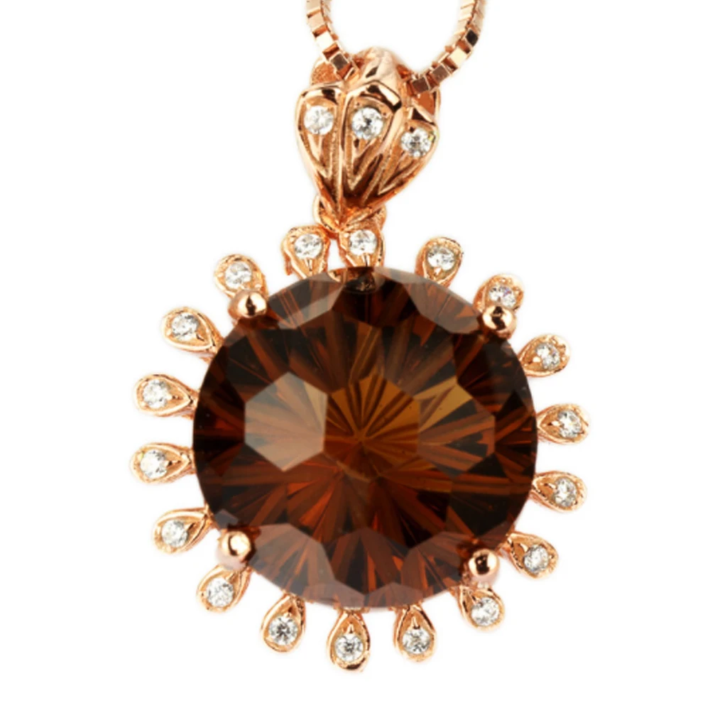 MELE Natural brown crystal silver pendant, round 12mm*12mm, firework cutting craftsman, brilliant quality