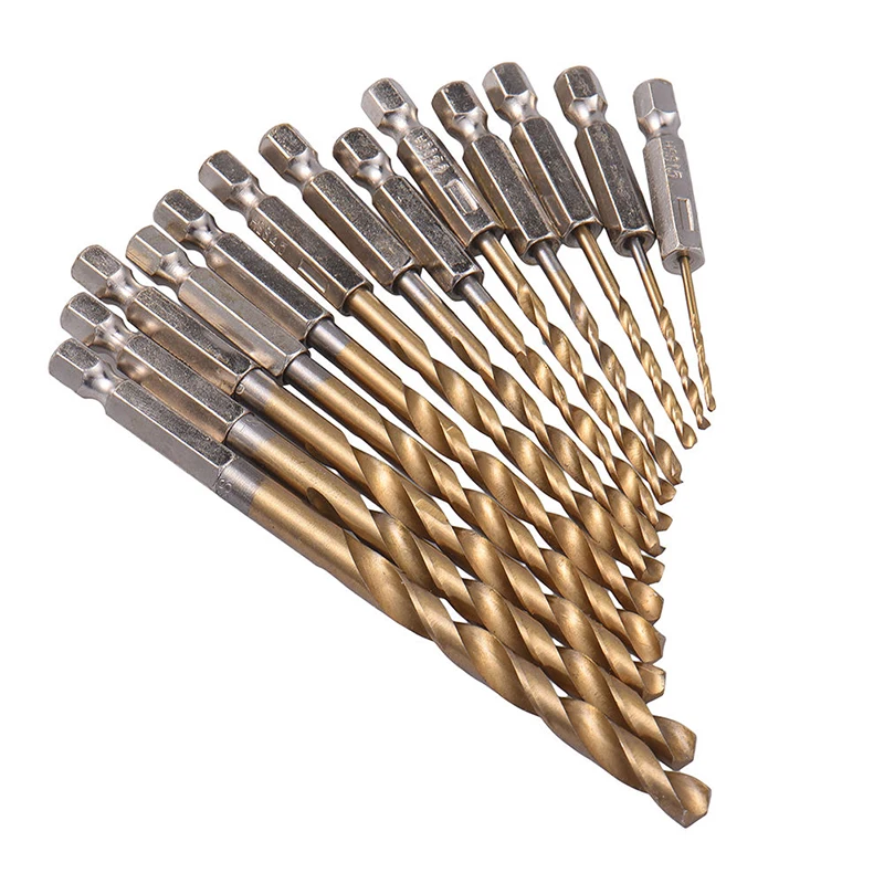 13pcs/lot High Speed Steel HSS Titanium Coated Drill Bit Set 1/4 Hex Shank 1.5-6.5mm tungsten carbide Twist drill bits