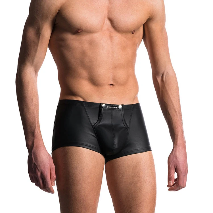 New Fashion Men Sexy Black Faux Leather Boxer Shorts Erotic Jockstrap Wrap Penis Pouch Underwear Fetish Gay Male Lingerie Trunks