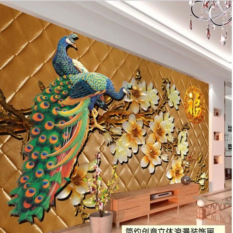 

wellyu Custom large fresco 3D stereo soft color embossed magnolia peacock blessing to the background fabric wallpaper