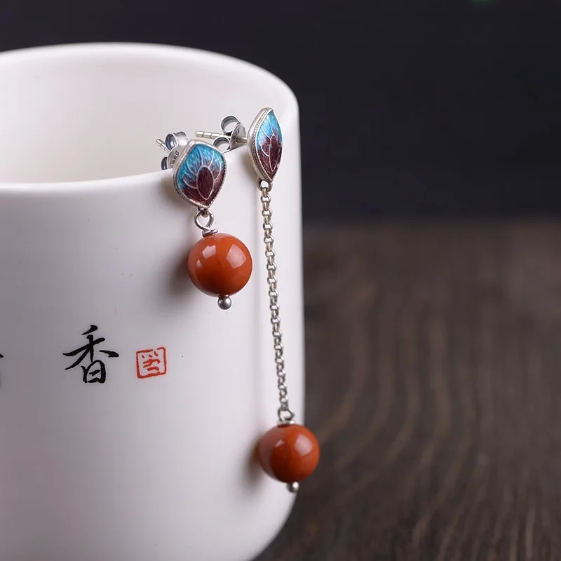 restoring ancient ways for women silver petals bluing south red pearl tassel AB version earrings