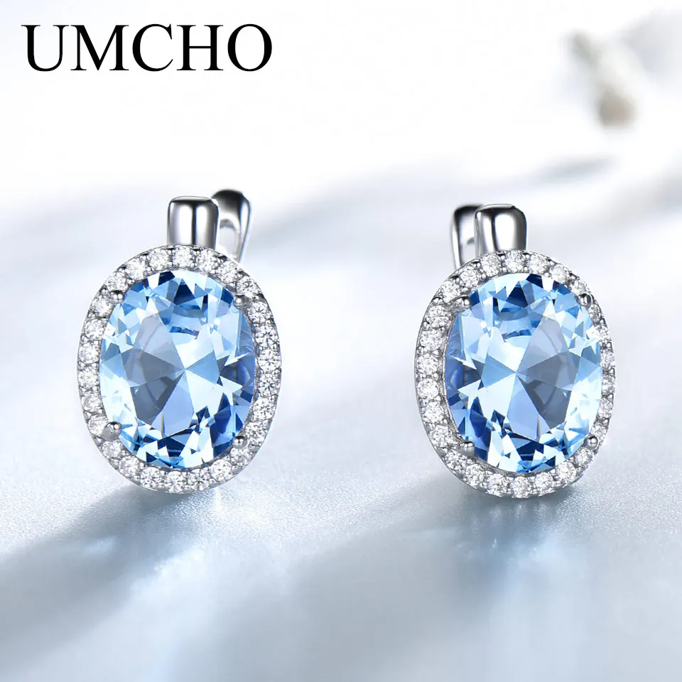 UMCHO Classic Oval Created Sky Blue Topaz Clip Earrings Solid 925 Sterling Silver Kolczyki dla kobiet Prezent ślubny Drobna biżuteria