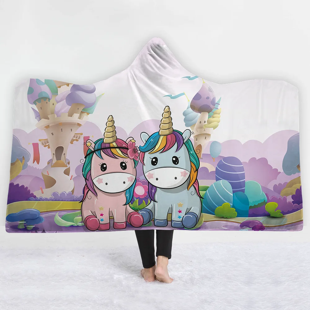 Champagne Flower Unicorn Spot Pattern 3D Printed Plush Hooded Blanket for Adults Kid Warm Wearable Fleece Throw Blankets