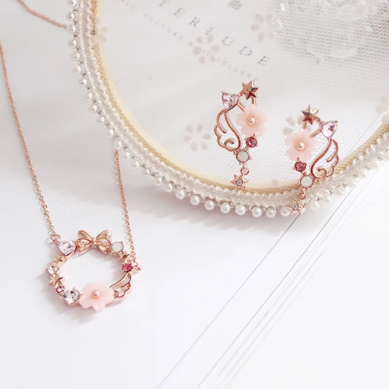 Japanese Pink Card Captor Sakura Earrings Rose Gold Color Angel Wing Rhinestone Star Moon Star Drop Earrings For Women Girls