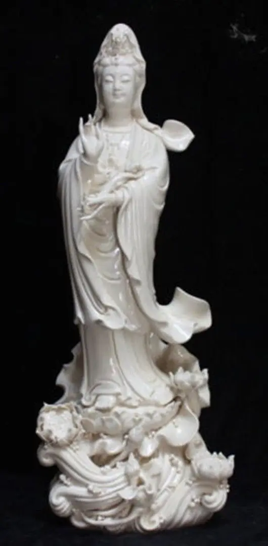 Exquisite Chinese Dehua White Porcelain Kwan-yin Guanyin Ruyi Buddha Standing on Lotus Statue