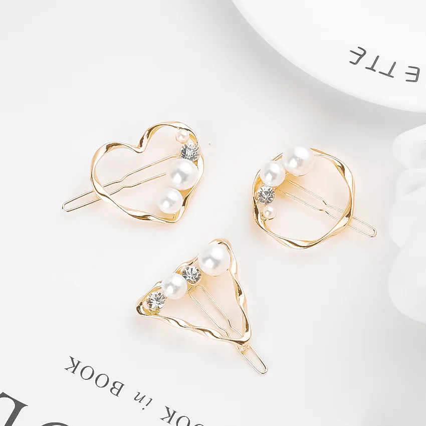 Simple Retro Wild Geometric Imitation Pearl With Rhinestones Gold Triangle Heart Small Hairpin Headdress Bangs Clip Female