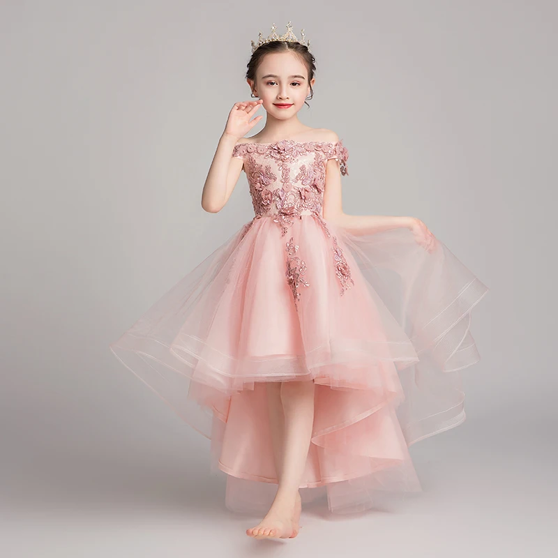 Appliques Tulle Girls Party Dress Flower Girl Dresses For Wedding Long Kids Pageant Princess Costume First Communion Gowns