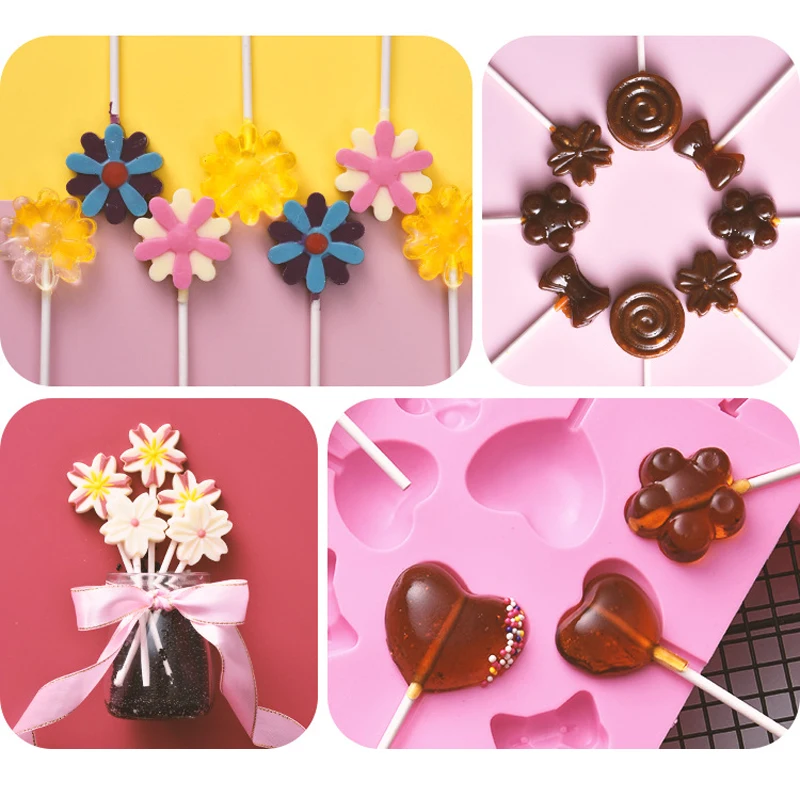 Heart Round Flower shape lollipop silicone mold Bakeware 3D Handmade Pop Sticks Lolly Candy Chocolate cake decorating moulds