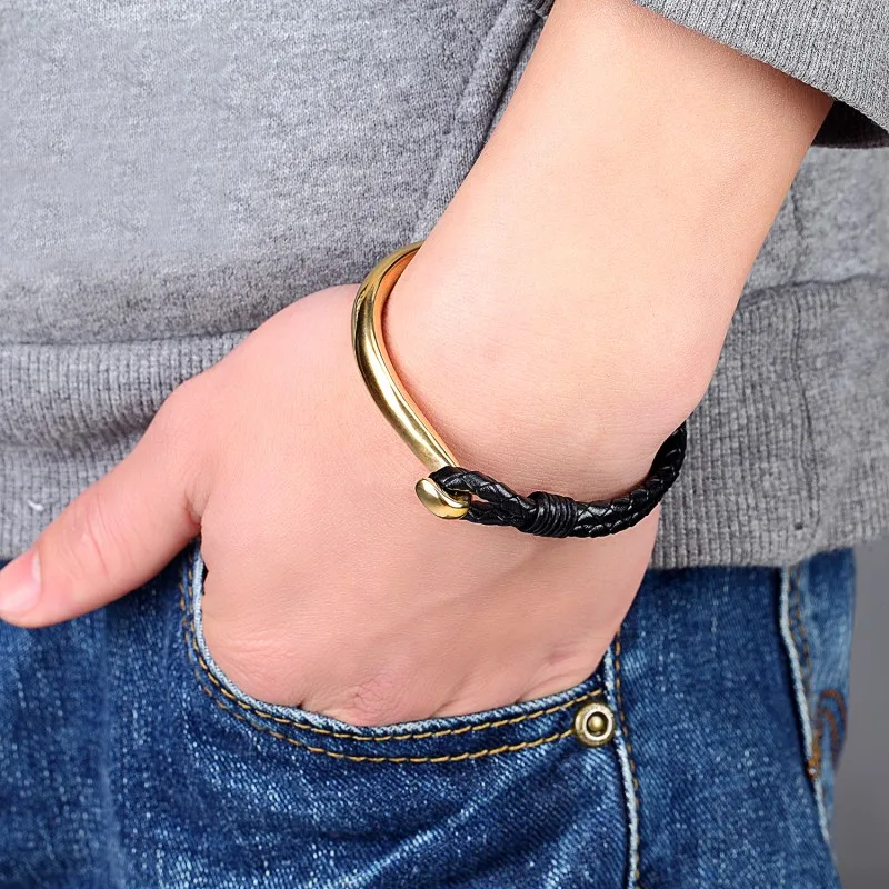 Fashion 21cm Stainless Steel Woven Black Braid Cuff Genuine Leather Bracelets & Anchor Bracelet Men Jewelry Summer Gift Pulseira