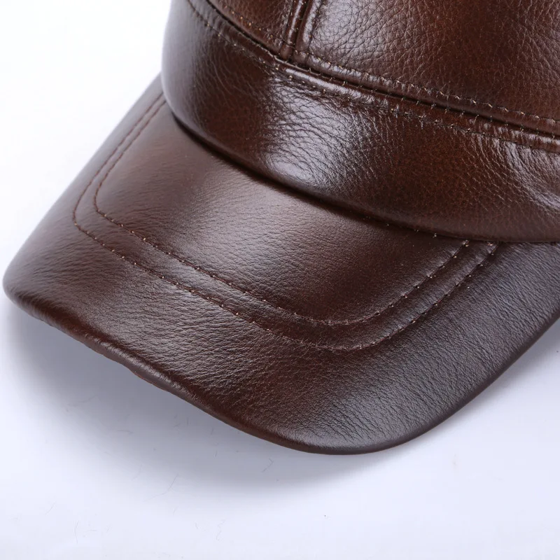 Cowhide Visor Cap Middle-aged Elderly Men Women Winter Warm Hat Outdoor Ear Protector Casual Fashion Adjusted Male Headwear H265