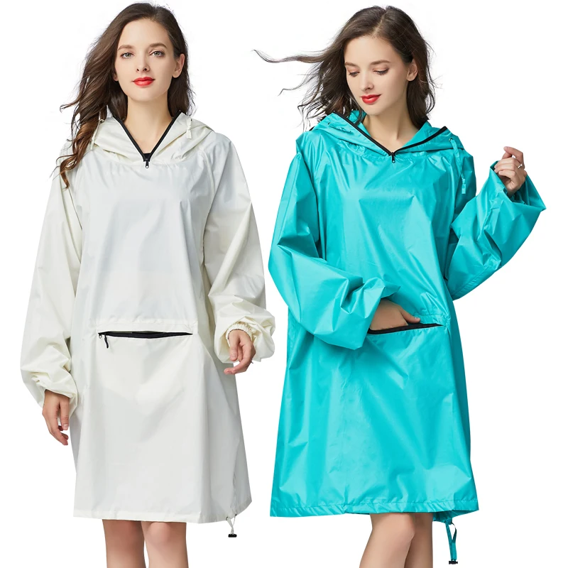 Women\'s Stylish Waterproof Rain Poncho Cloak Raincoat with Hood Sleeves and Big Pocket on Front.