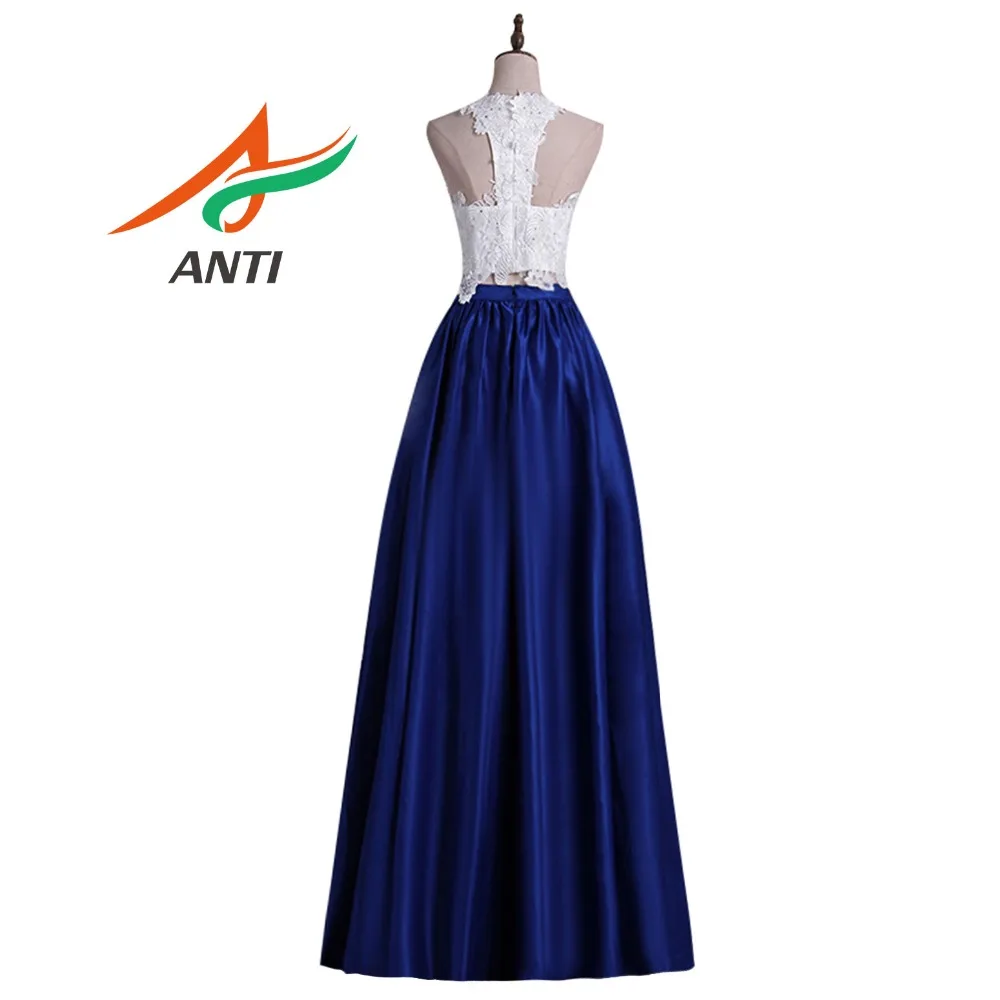 ANTI 2 pieces Lace Prom Dresses 2019 Elegant A-Line Style  Sleeveless O-Neck White Top Blue Satin Europe Party Prom Dress Long