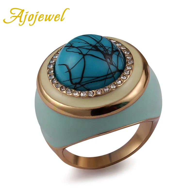 Ajojewel Large Blue Natural Stone Ring With Rhinestones Luxury Womens Fashion Finger Jewelry Fine Gifts