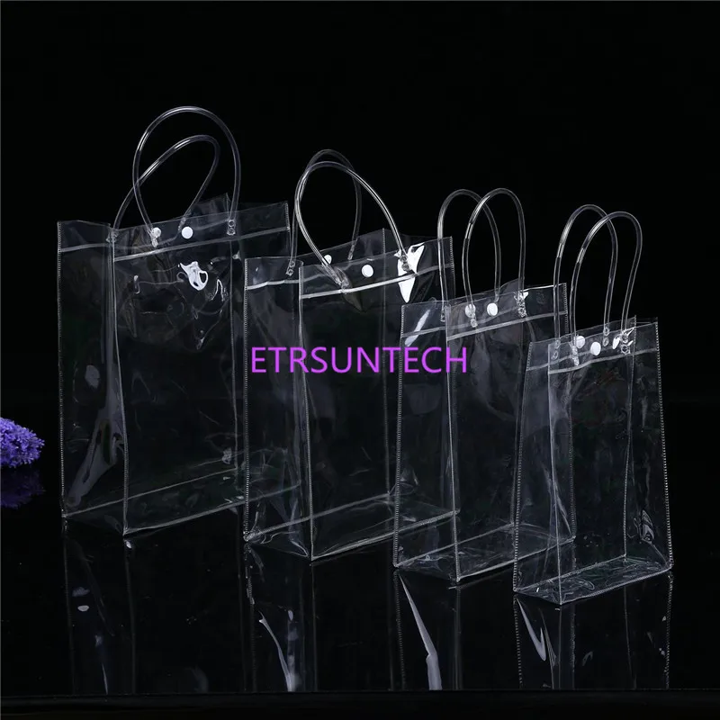 

100PCS/LOT PVC Plastic Gift Bags With Handles Clear Plastic Handbag Party Favors Bag Fashion PP Bags With Button