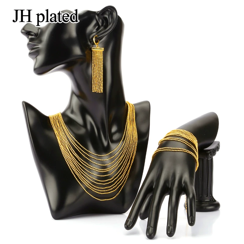 JHplated Africa Ethiopia fashion jewelry gift set for women girl little Tassel Necklace Bracelet and Earrings