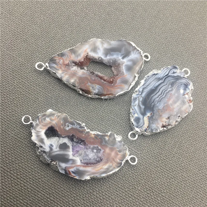 

Nature Agates Geode Druzy Slice Silver Plated Conector,Natural Agates Druzy Geode Slice Pendant For Jewelry Making MY0015