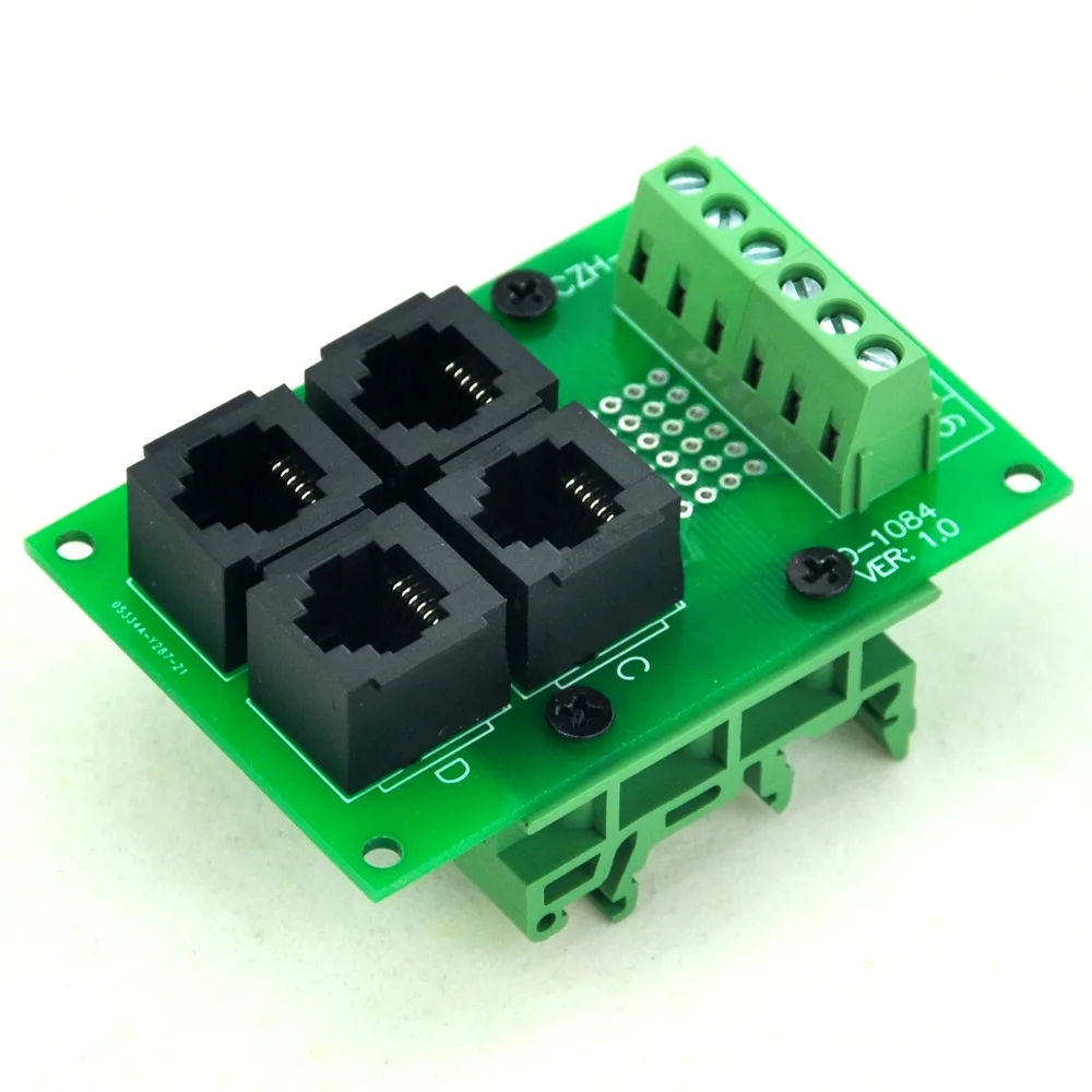 RJ11/RJ12 6P6C 4-Way Buss Board Interface Module with Simple DIN Rail Bracket.