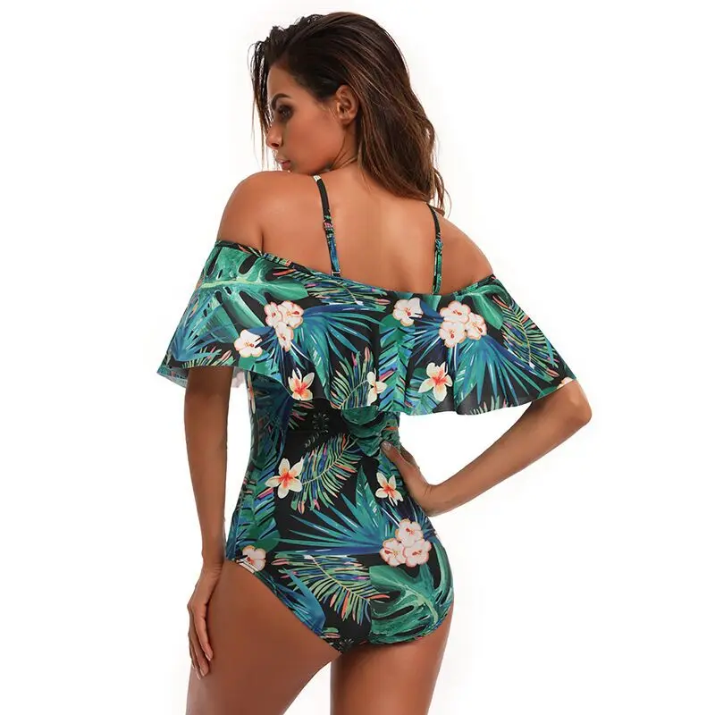 2019 Sexy One Piece Floral Printed Bathing Suit for Women Big Leaf Beach Swimming Bathing Suit Vintage Off Shoulder Swimwear