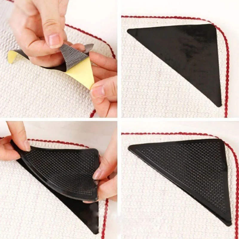 4 pcs Eco-friendly Reusable Rug Grippers Pads Washable Silicone Non Slip Grip Corners Bathroom Kitchen Floor Carpet Mat Gripper