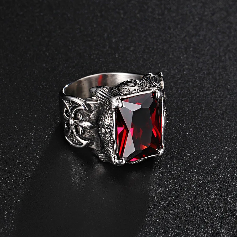 Silver color Retro punk gothic  red stone men titanium steel casting ring