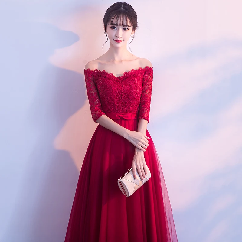 Robe de soiree Wine red Off Shoulder Strapless lace up A-Line Elegant evening Dresses vestido de festa Party Dress Prom Dresses