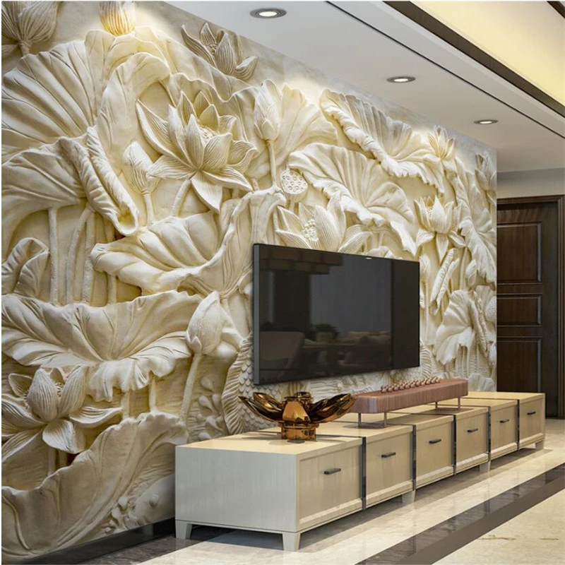 wellyu wall papers home decor  Custom wallpaper    3D Stone Carving Lotus Carp Relief TV Wall  papel de parede  papel pintado