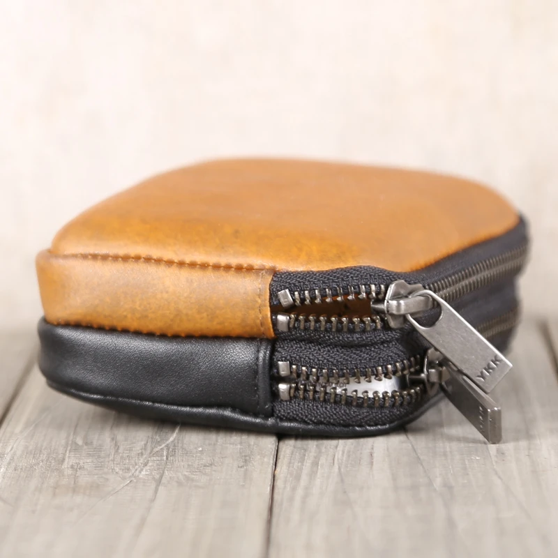 Double Zipper Coin Purses Genuine Leather Luxury Handmade Women Casual Storage Coin Pouch Organizer Credit Card Wallet Men