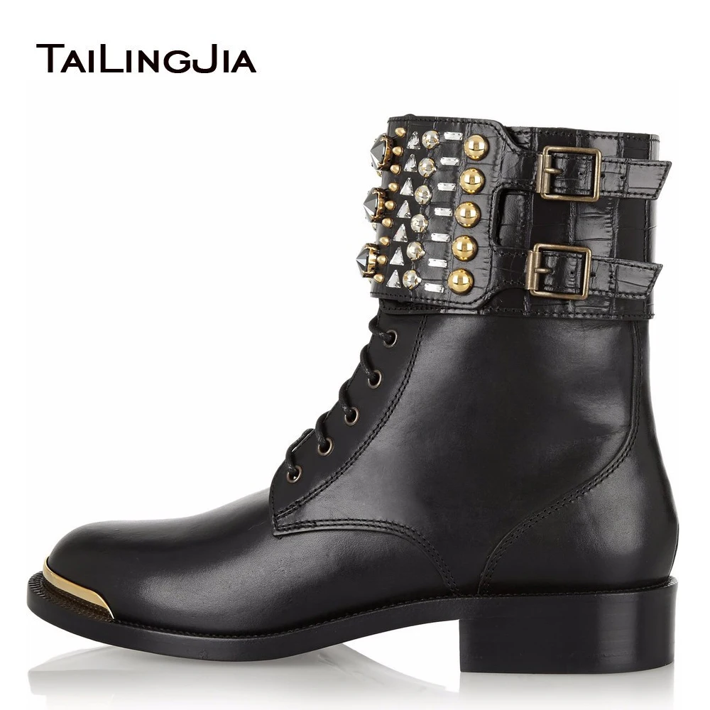 

2021 Plus Size Autumn Shoes Ladies Round Toe Lace Up Studded Block Low Heel Ankle Booties Womens Black Combat Boots With Studs