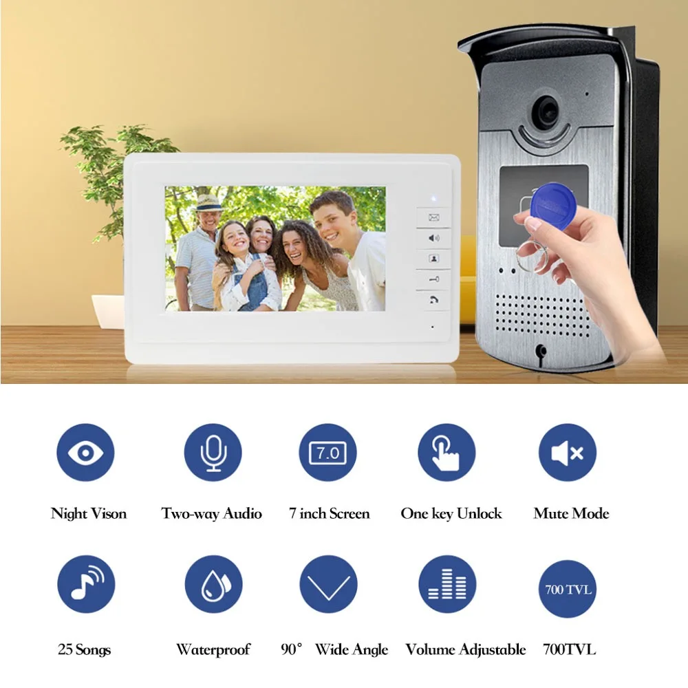 Wired Video Intercom System Door Phone Doorbell Rainproof Outdoor Camera with 7inch Monitor Display High-definition for Home Use