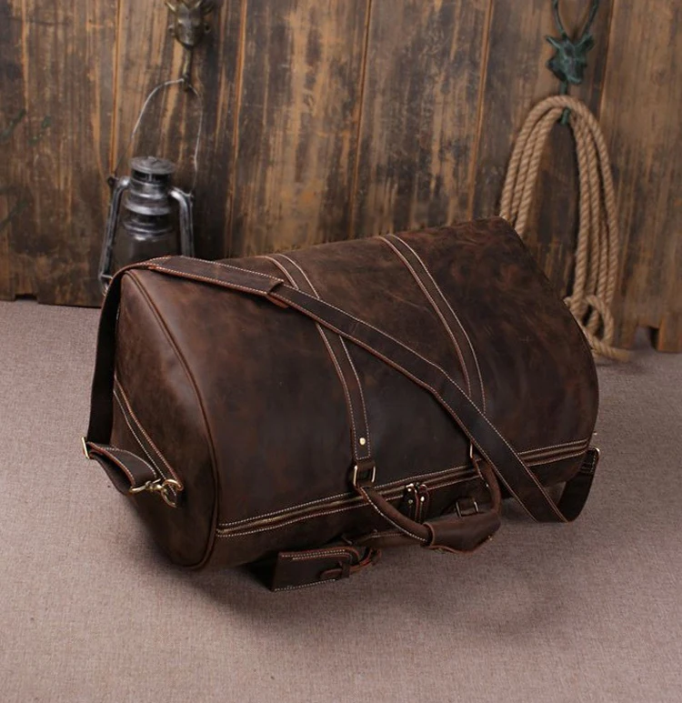 Vintage Crazy Horse Genuine Leather Men\'s Travel Bag Of Trip Men Leather Duffle Bag Large Luggage Bag Tote Weekend Bag Overnight