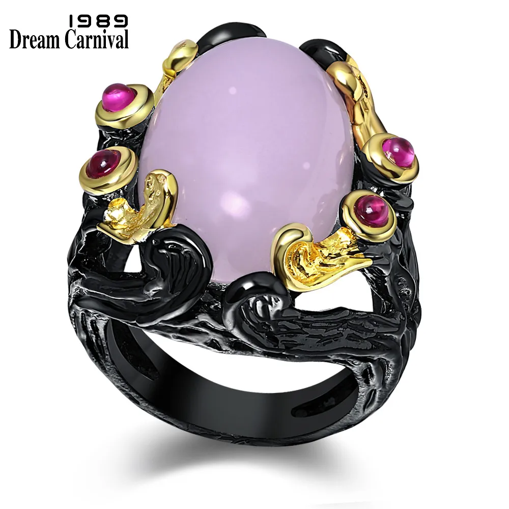 DreamCarnival 1989 Brand New Gothic Rings Fuchsia Pink Oval Zirconia Vintage Women Jewelry Black Gold Color Bague Femme WA11499