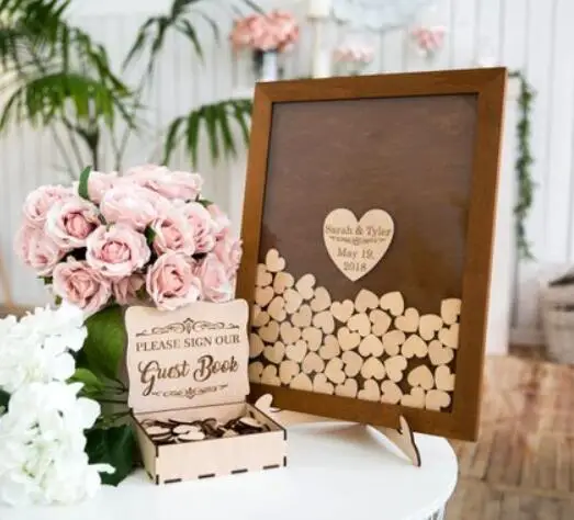 personalized Mr&Mrs rustic wooden wedding engraved Alternative memory guestbooks with heart drop box top signature guest books