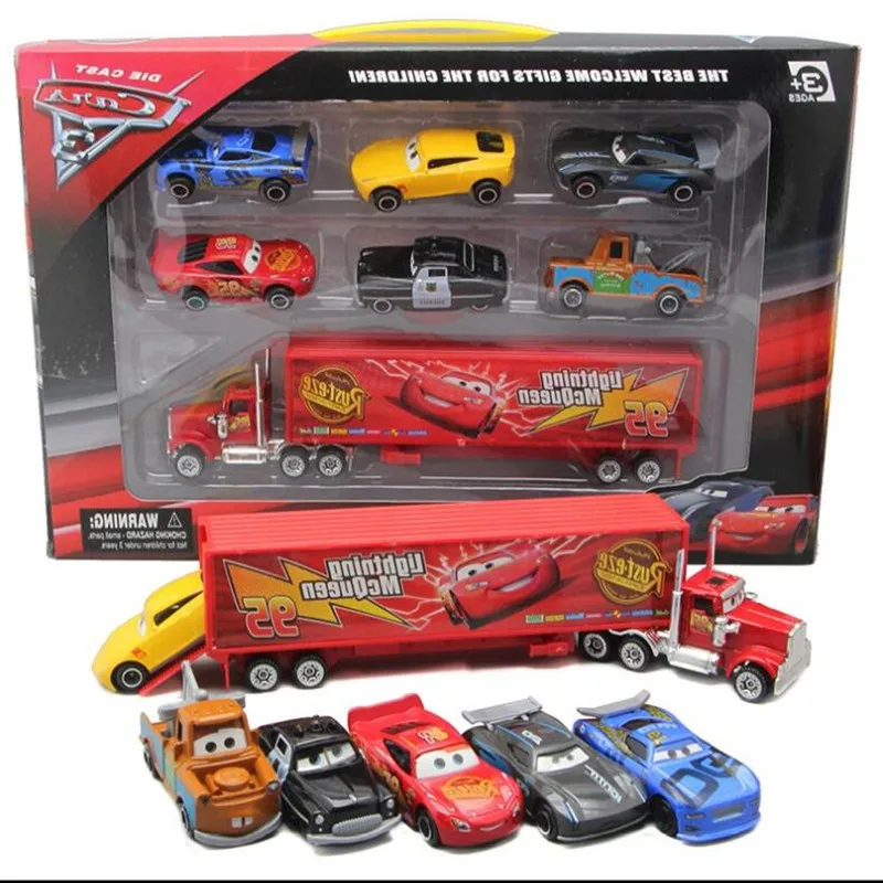 New 6pcs-7pcs Disney Pixar 3 Lightning McQueen Jackson Storm Material Mack Uncle Truck 1:55 Die cast metal car model toy gift