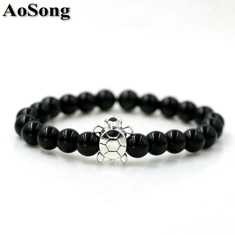 BPPCCR Natural Black onyx Lava stone 8mm with Alloy Sea turtle Tortoise Men Chakra Yoga Bracelet Animal Luxury Jewelry