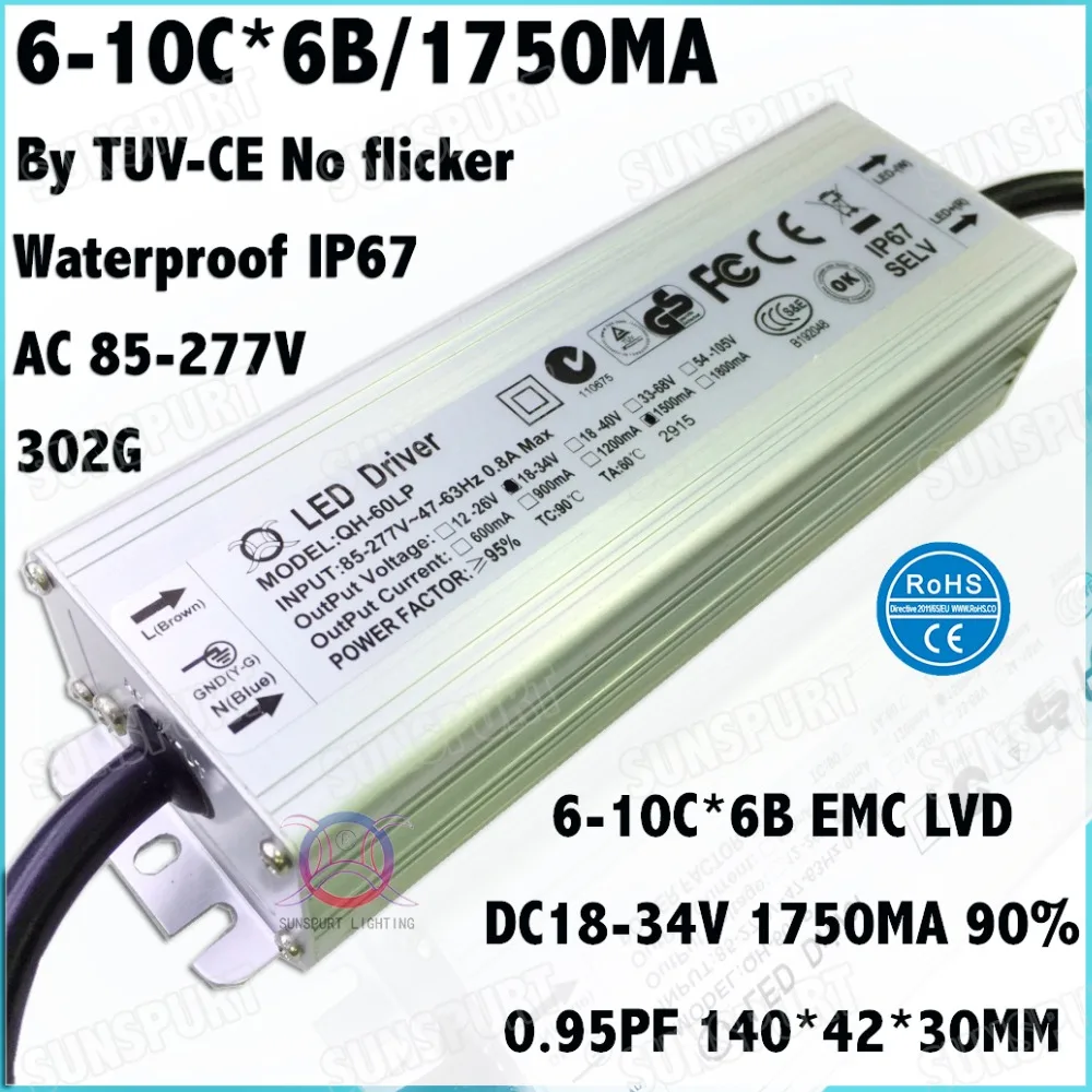 2Pcs By CE No Flicker 60W AC85-277V LED Driver 6-10Cx6B 1.75A DC18-34V Constant Current WP-IP67 For LED Spotlights Free Shipping