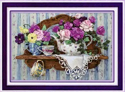 [super deals]Needlework,DIY Ribbon Cross stitch Sets for Embroidery kit,Teaport flower love ribbon Cross-Stitch wall decor