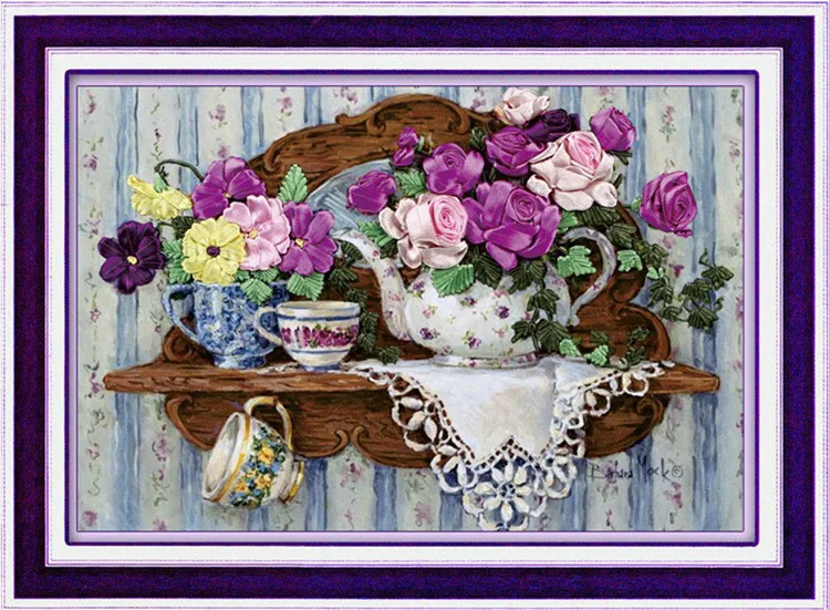 [super deals]Needlework,DIY Ribbon Cross stitch Sets for Embroidery kit,Teaport flower love ribbon Cross-Stitch wall decor