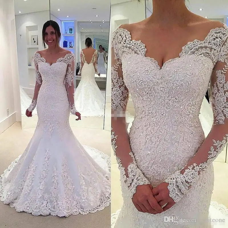 long-sleeved mermaid bridal wedding dress white / ivory v-neck lace fishtail wedding dress sexy bride wedding stock size: