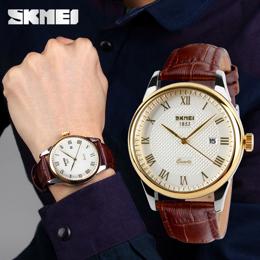 SKMEI-Montre habillée étanche pour homme, style britannique, affaires, montres décontractées, affichage de la date à quartz, montres-bracelets de