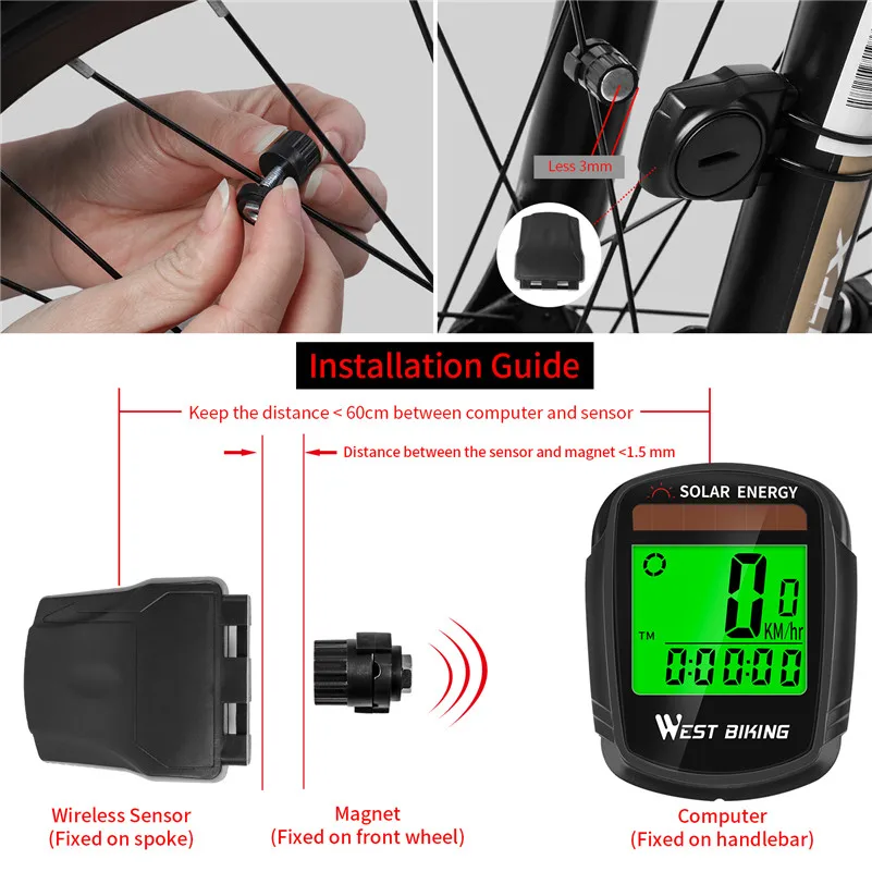 WEST BIKING Solar Powered Bike Computer Wireless Waterproof Bicycle Speedometer Odometer Automatic Wake-up Bicycle Computer