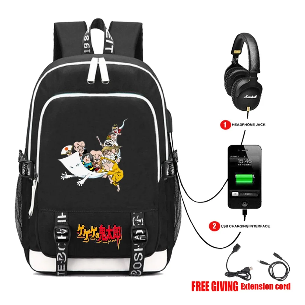 

anime GeGeGe no Kitaro backpack USB charging Headphone jack Students bookbag Men Teenage Laptop backpack travel bag 14 style