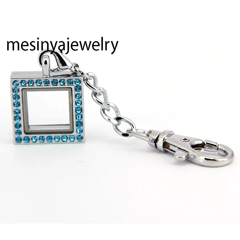 10pcs floating charms memory living blue zirconia square glass locket  key rings keychains,locket included